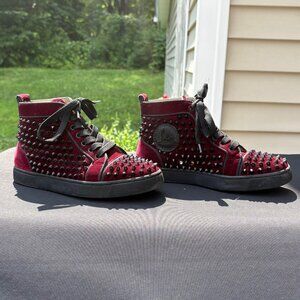EU Size 36, US W 6 Christian Louboutin Burgundy velvet stud high top sneaker